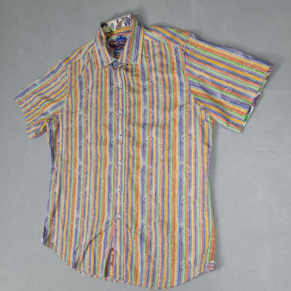 Robert Graham Shirt Mens M Multi Stripe Paisley Classic Fit Cotton Short Sleeve - Picture 8 of 9